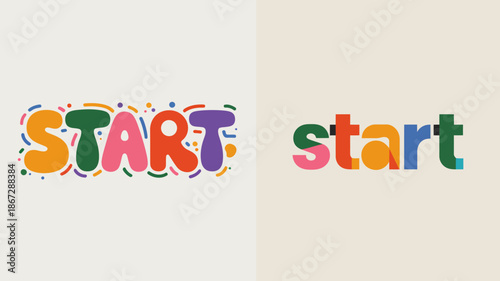 The image presents a visual comparison of the word start in two distinct styles and color schemes showcasing energetic and simple designs high quality professional detailed