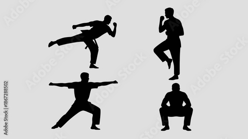 a minimalist depiction showcasing four distinct silhouettes of individuals engaged in various martial arts poses against a neutral backdrop high quality professional detailed modern elegant stylish