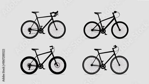 a collection of four silhouetted bicycles is presented against a light gray background showcasing varied designs and wheel styles high quality professional detailed modern elegant stylish