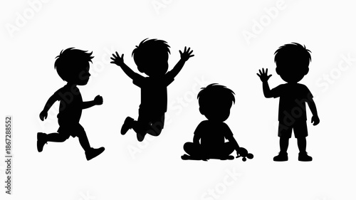 a simple black and white illustration depicts four silhouetted children engaged in various playful activities showing running jumping sitting and waving high quality professional detailed modern