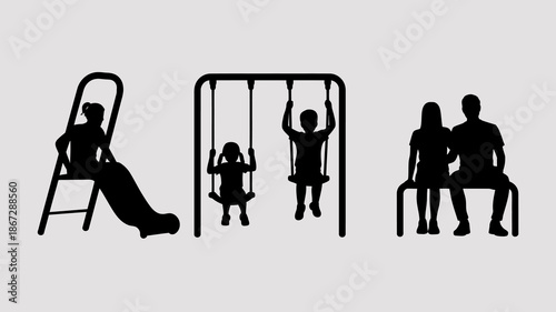 a minimalist silhouette depicts a family enjoying a playground with a slide swings and a bench for parents high quality professional detailed modern elegant stylish clean