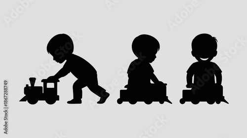 a simple illustration depicts three black silhouettes of children interacting with a toy train showcasing a playful and developmental scene high quality professional detailed modern elegant