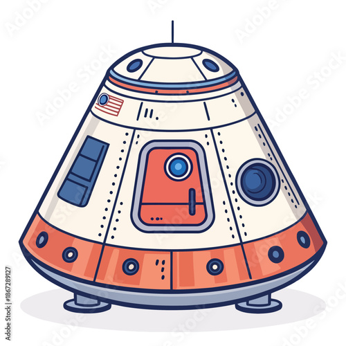 A colorful illustration of a space capsule with a red and blue design