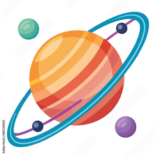 A colorful vector illustration of the planet Saturn with its rings and moons