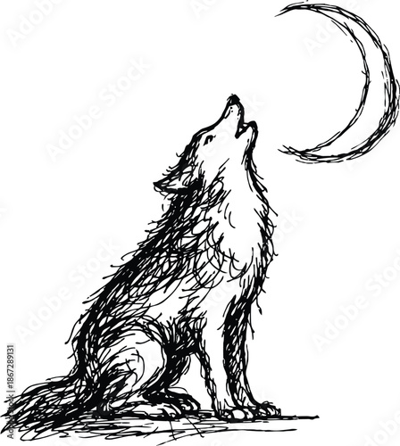 Scribble drawing of a howling wolf looking up at the crescent moon rough ink sketch black and white