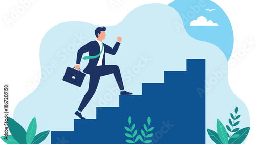 Professional in a suit climbs a set of stairs, symbolizing ambition, progress, and goal pursuit. Surrounded by calm blue tones and greenery, the scene conveys leadership, motivation