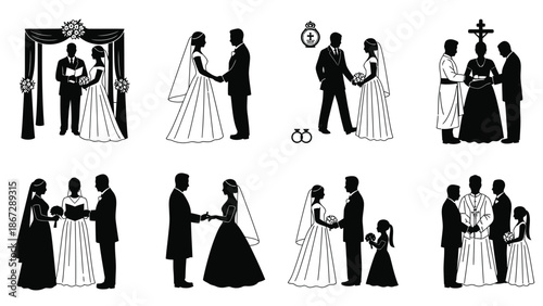 Collection of black silhouette wedding couples in various romantic poses and ceremonies with bride groom and priest on white background for graphic design
