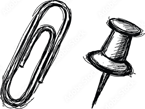 Black and White Doodle of Paperclip and Thumbtack Drawing Style Office Supplies Icon
