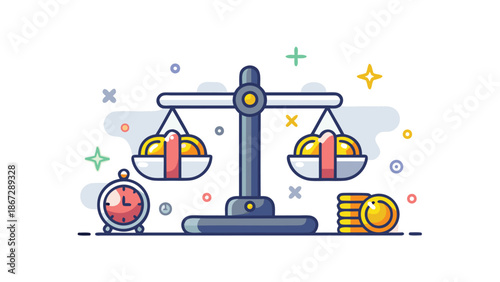 Balancing time and money with scales and clock