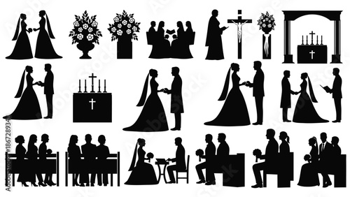 Black silhouette illustrations of wedding scenes and church icons on white background with bride and groom and graphic and altar and cross and ceremony