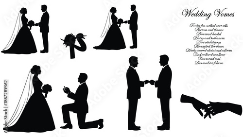 Silhouette illustrations of romantic wedding vows and proposals with couples in various poses with love and marriage and engagement and kiss