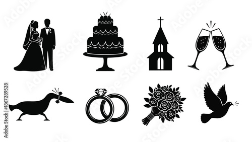 Black silhouette wedding icons set including bride and groom cake church champagne glasses goose with ring bouquet of roses rings and flying dove on white background