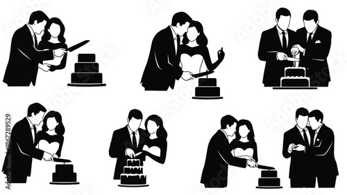 Eight black and white illustrations of couples and groomsmen cutting wedding cakes together on their special day in various romantic poses with couple cutting cake