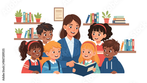 Enthusiastic female teacher reading aloud from a book to a diverse group of happy young children in a colorful library, fostering early literacy and education.