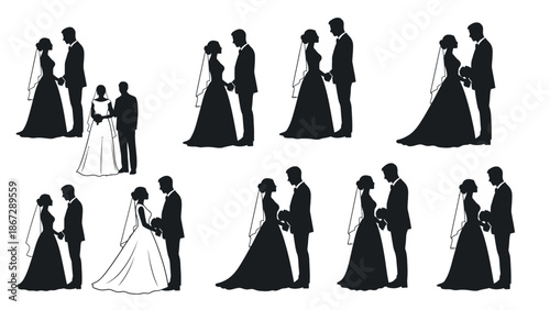 Silhouette illustrations of romantic wedding couples in various poses and dresses on white background for valentines day and marriage with love
