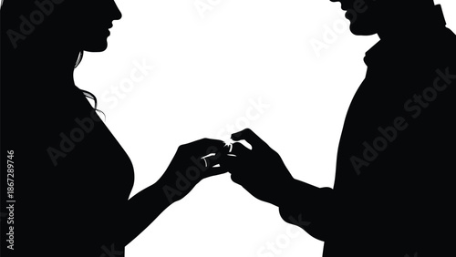 Silhouette of a man proposing to a woman with a ring on a white background romantic relationship engagement with proposal and love and commitment