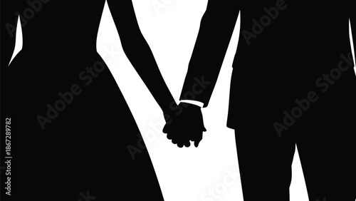 Silhouette of a romantic couple holding hands in love and partnership on white background with romance and relationship and hand in hand and black and white