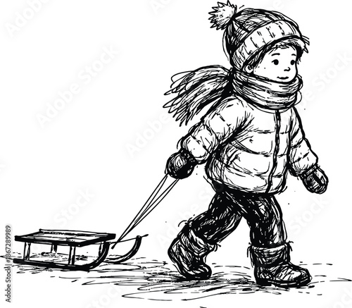 Child pulling a sled in winter clothes hand drawn sketch vector illustration