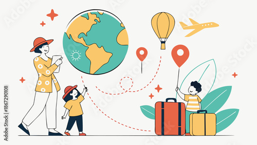 Family planning adventure travel with luggage and globe