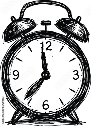 Black and White Doodle Sketch of Retro Twin Bell Alarm Clock Timekeeping Vector Illustration