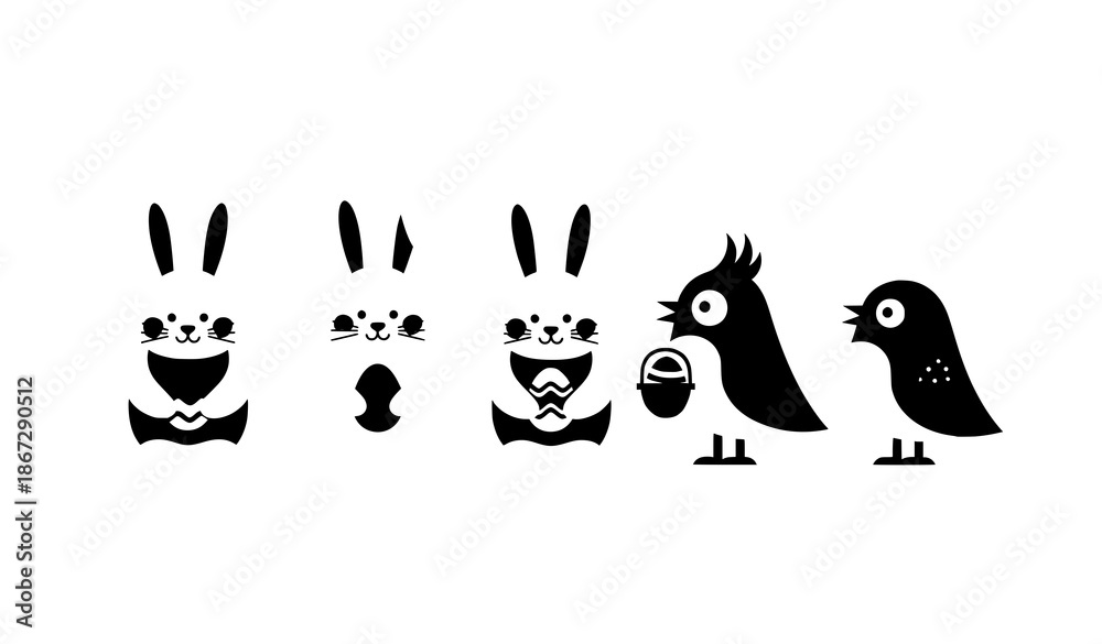 Fototapeta premium Minimal Easter bunny and bird vector characters holding eggs and baskets