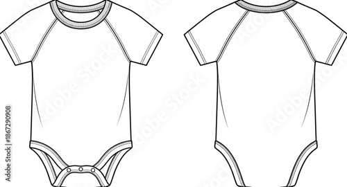Baby bodysuit technical flat illustration, short sleeve infant romper front and back views, clothing garment template vector isolated on white background