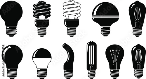 Black light bulb icon set showing incandescent LED and energy saving lamp silhouettes isolated on white background vector illustration