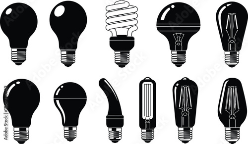 Black light bulb silhouettes collection featuring incandescent LED and energy saving lamp designs isolated on white background vector icons
