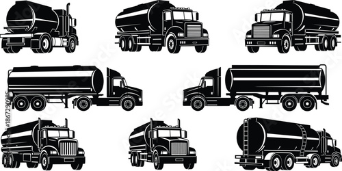 Black tanker truck vector illustration set, fuel oil water transport vehicles, industrial logistics transportation icons isolated on white background