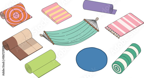 Colorful rolled rugs mats and hammock set flat vector illustration home decor textile elements isolated on white background