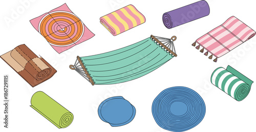 Colorful rolled rugs mats and hammock collection flat vector illustration of home textile decor items isolated on white background