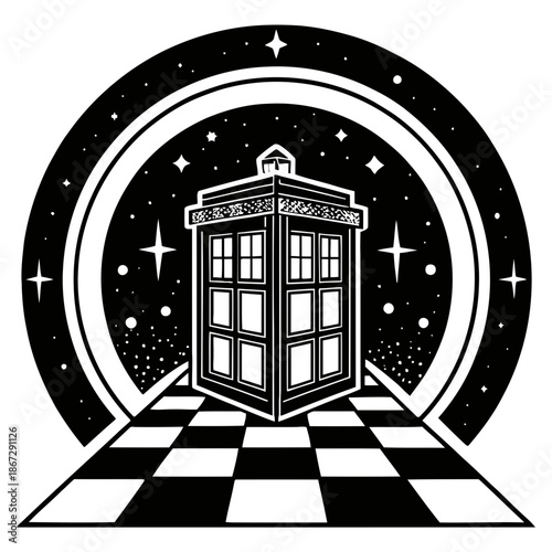 Foto A black and white vector illustration of the TARDIS in space