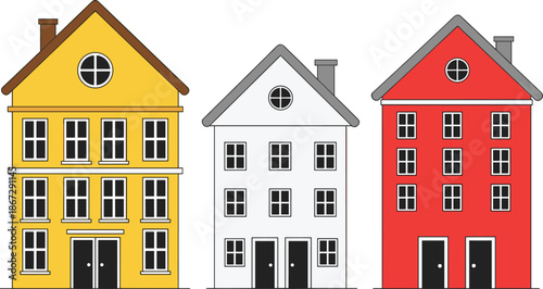 Colorful Scandinavian townhouses vector illustration with yellow white and red facades simple flat design residential houses isolated