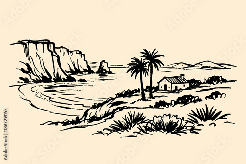 Coastal landscape ink sketch line art vector illustration