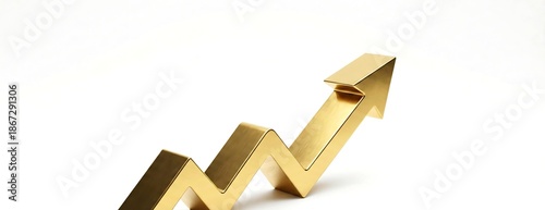 3D gold arrow graph showing financial growth, rising business growth chart, upward market growth concept on white background
