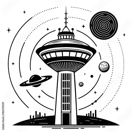 A futuristic illustration of a space tower with planets and stars