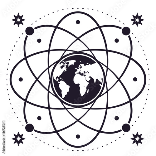 A black and white vector graphic illustration of the Earth with orbiting lines and stars