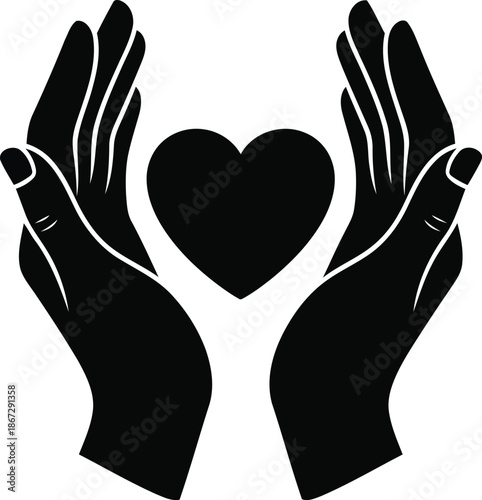 Black silhouette of cupped hands holding a heart white