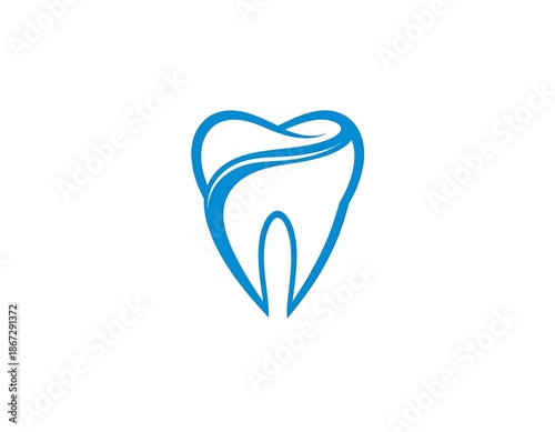 A stylized, blue tooth outline featuring flowing curves within against a stark white background
