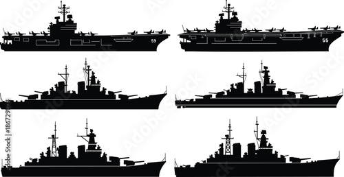 Military warship silhouette vector set, naval aircraft carrier and battleship icons, modern navy defense vessels isolated on white background
