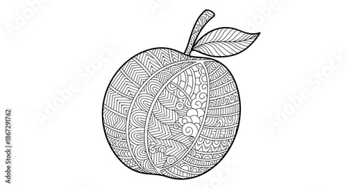 Intricate zentangle line art illustration of a single apple featuring complex geometric and swirling patterns for adult coloring book activities.