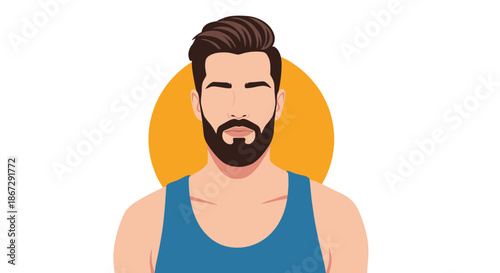 Masculine portrait of a handsome bearded man with modern hairstyle wearing a blue sleeveless shirt set against a bright yellow circular background.