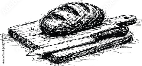 Black and white scratch sketch vector illustration of artisan bread loaf and knife on wooden cutting board
