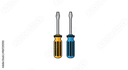 Set of two manual screwdrivers with yellow and blue plastic handles and steel shafts shown in a clean flat illustration style for tool collections.