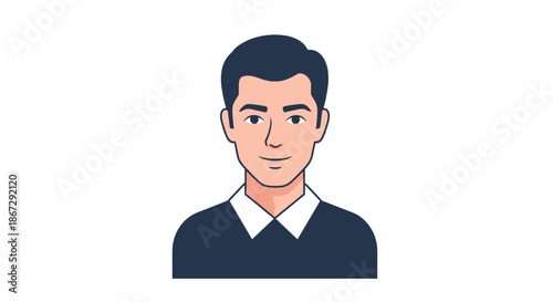 Simple portrait of a young man wearing a professional white collared shirt under a dark blue sweater against a clean white background.