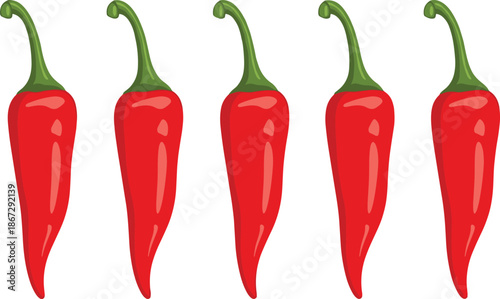 Red chili pepper illustration set showing spicy fresh vegetables, glossy hot peppers isolated on white background for food design