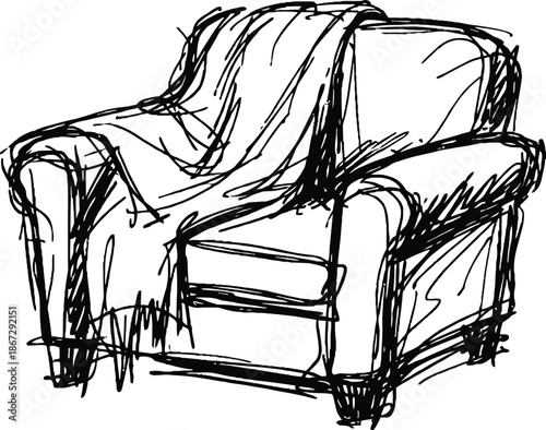 Rough Hand Drawn Armchair Sketch with Throw Blanket Black and White Vector Illustration