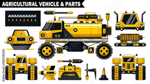 Agricultural vehicle and parts set isolated on transparent background, detailed vector illustration of farming equipment and machinery elements for various uses.