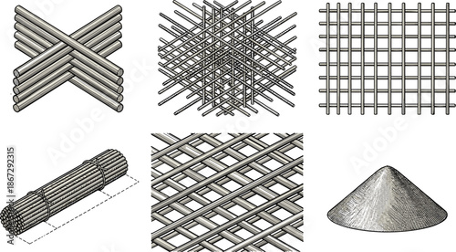 Steel rebar reinforcement illustration set, construction metal bars mesh bundle and aggregate elements, civil engineering building materials vector isolated on white background