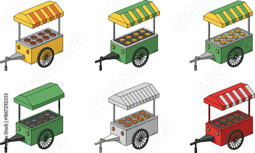 Street food cart vector set with colorful market stalls wheels and canopy flat illustration isolated on white background